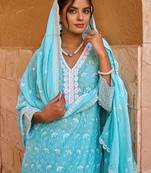 floral embroidered thread work  cotton straight kurta with trousers & dupatta
