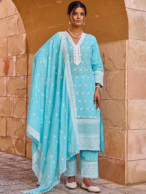 floral embroidered thread work  cotton straight kurta with trousers & dupatta 2