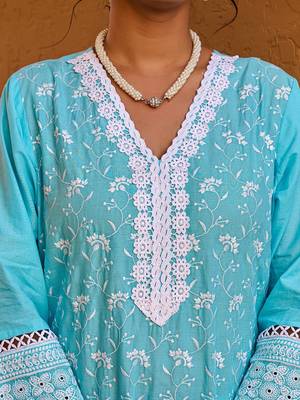 floral embroidered thread work  cotton straight kurta with trousers & dupatta 3