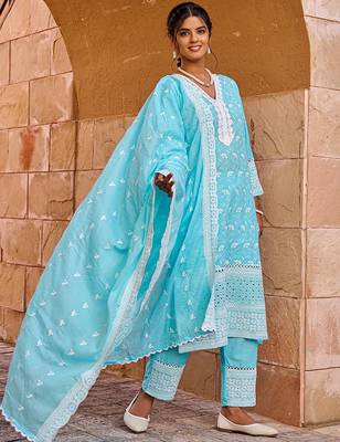 floral embroidered thread work  cotton straight kurta with trousers & dupatta 4