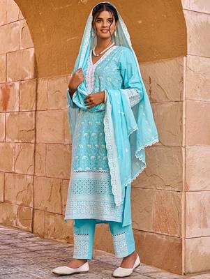 floral embroidered thread work  cotton straight kurta with trousers & dupatta 5