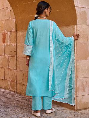 floral embroidered thread work  cotton straight kurta with trousers & dupatta 6
