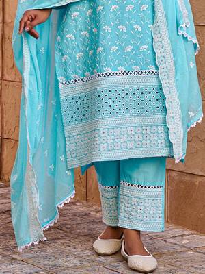 floral embroidered thread work  cotton straight kurta with trousers & dupatta 7