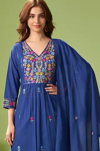 Women Floral Embroidered Cotton Kurta with Trousers & Dupatta
