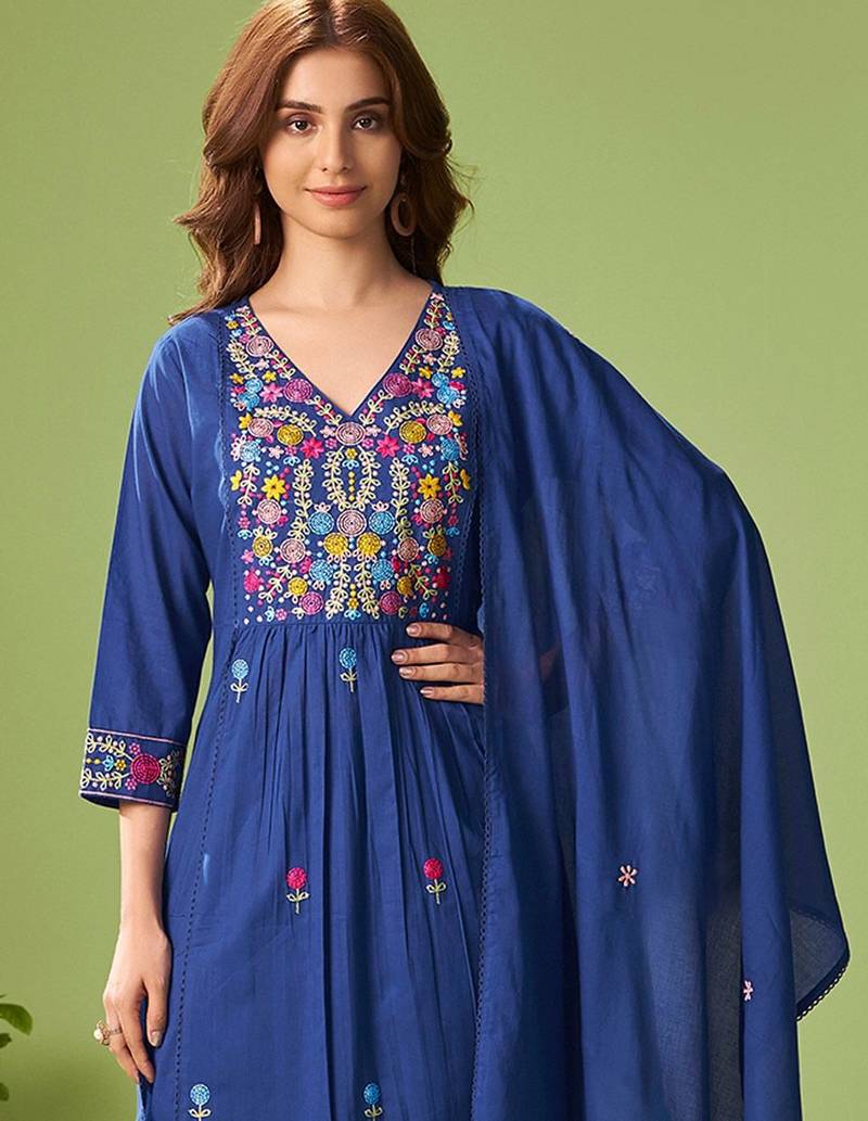 Women Floral Embroidered Cotton Kurta with Trousers & Dupatta