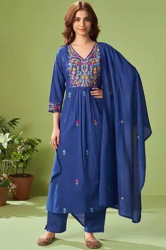 Women Floral Embroidered Cotton Kurta with Trousers & Dupatta
