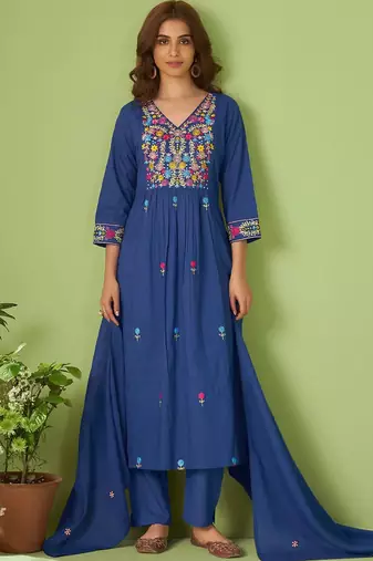Women Floral Embroidered Cotton Kurta with Trousers & Dupatta