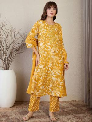 Floral Printed Thread Work Straight Kurta With Trouser & Dupatta 2