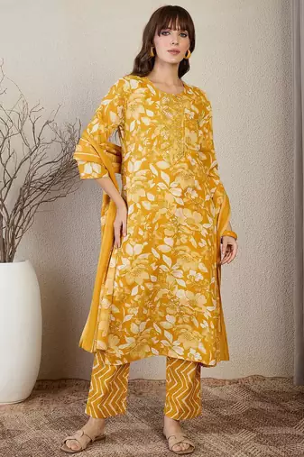 Floral Printed Thread Work Straight Kurta With Trouser & Dupatta