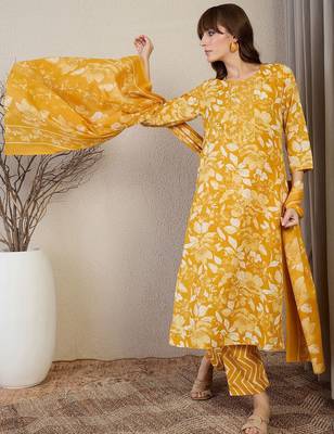 Floral Printed Thread Work Straight Kurta With Trouser & Dupatta 3