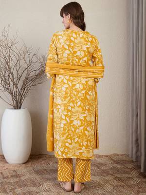 Floral Printed Thread Work Straight Kurta With Trouser & Dupatta 4
