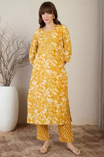 Floral Printed Thread Work Straight Kurta With Trouser & Dupatta