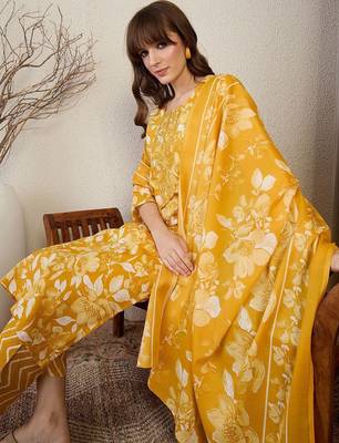 Floral Printed Thread Work Straight Kurta With Trouser & Dupatta 6