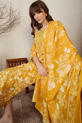Floral Printed Thread Work Straight Kurta With Trouser & Dupatta