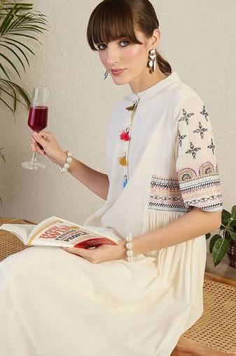 women ethnic motifs embroidered sequinned  cotton a-line kurta with trousers