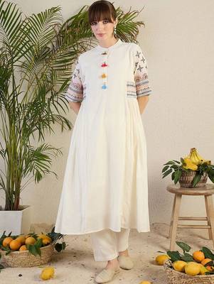 Women Ethnic Motifs Embroidered Sequinned Pure Cotton A-Line Kurta with Trousers 2