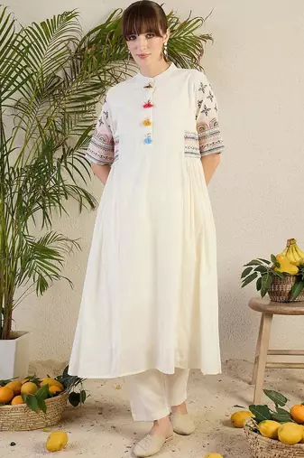 Women Ethnic Motifs Embroidered Sequinned Pure Cotton A-Line Kurta with Trousers