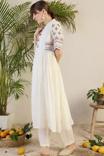 Women Ethnic Motifs Embroidered Sequinned Pure Cotton A-Line Kurta with Trousers