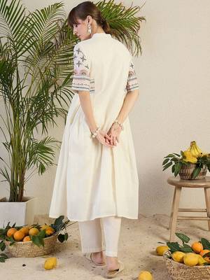 Women Ethnic Motifs Embroidered Sequinned Pure Cotton A-Line Kurta with Trousers 5