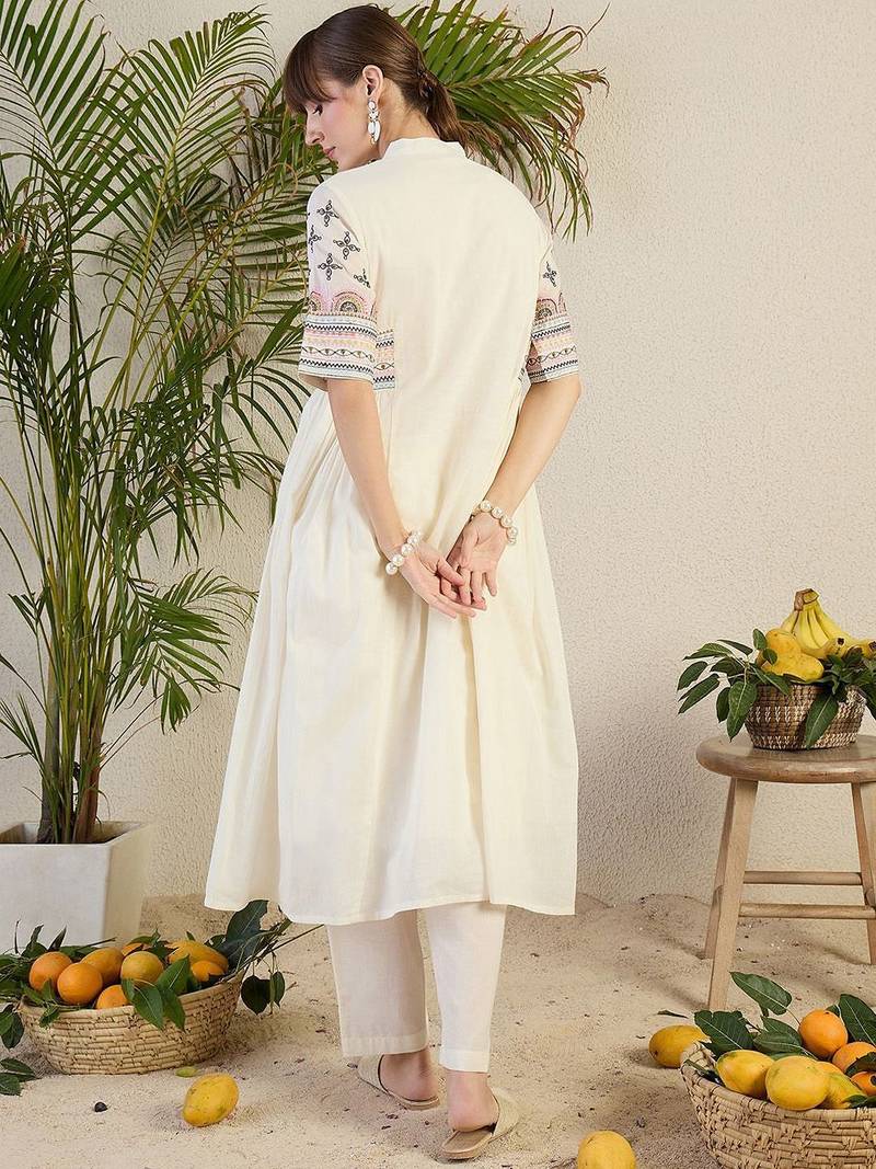Women Ethnic Motifs Embroidered Sequinned Pure Cotton A-Line Kurta with Trousers