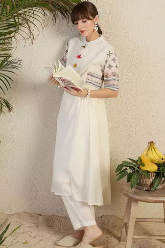 Women Ethnic Motifs Embroidered Sequinned Pure Cotton A-Line Kurta with Trousers