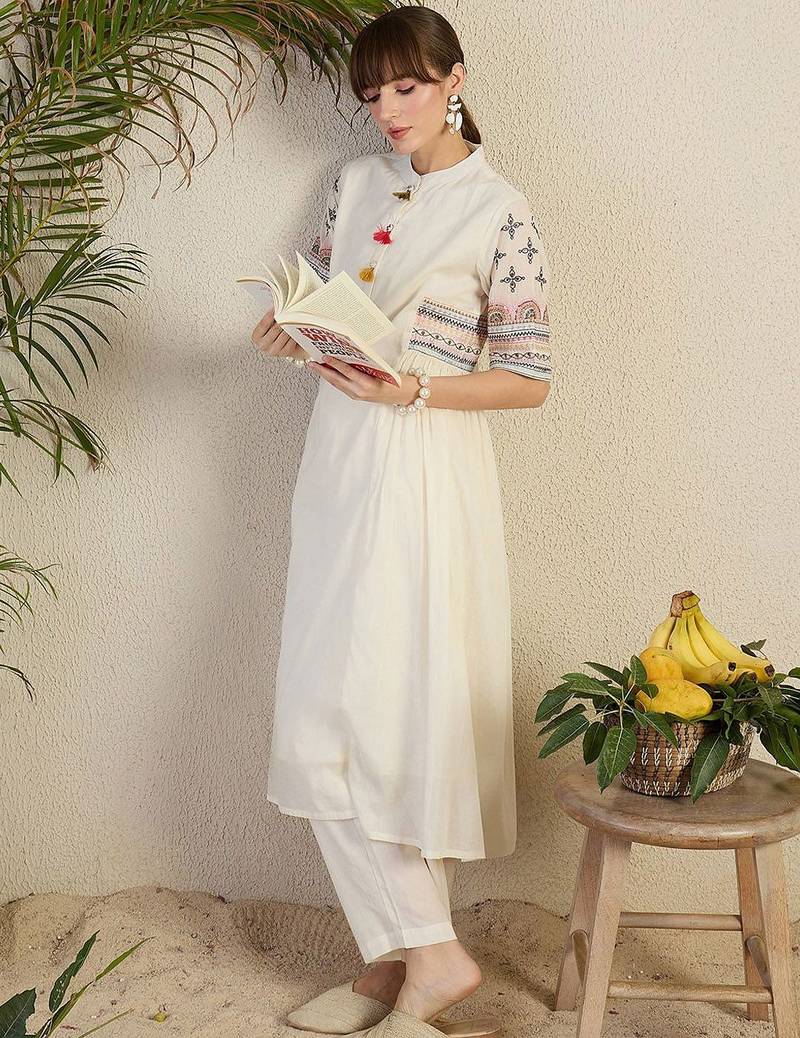 Women Ethnic Motifs Embroidered Sequinned Pure Cotton A-Line Kurta with Trousers