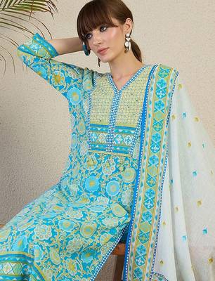 Women Floral Printed Cotton Kurta with Trousers & Dupatta 1
