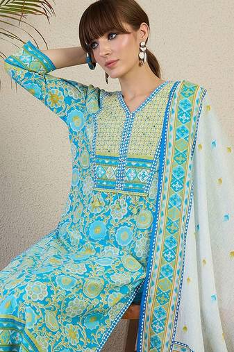 Women Floral Printed Cotton Kurta with Trousers & Dupatta