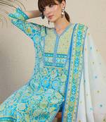 Women Floral Printed Cotton Kurta with Trousers & Dupatta