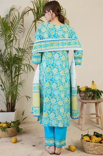 Women Floral Printed Cotton Kurta with Trousers & Dupatta