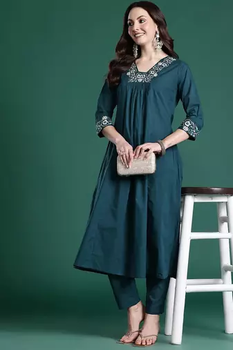 floral embroidered pleated thread work  cotton kurta with trousers