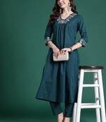 Floral Embroidered Pleated Thread Work Pure Cotton Kurta with Trousers