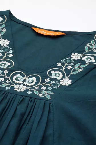 floral embroidered pleated thread work  cotton kurta with trousers