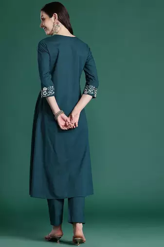 floral embroidered pleated thread work  cotton kurta with trousers