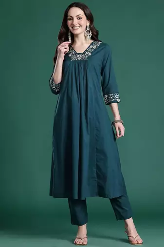 floral embroidered pleated thread work  cotton kurta with trousers