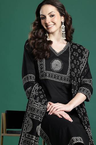 ethnic motifs printed  cotton kurta with trousers & dupatta