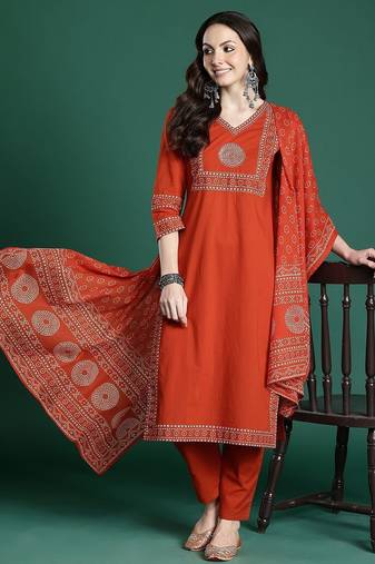 ethnic motifs printed  cotton kurta with trousers & dupatta