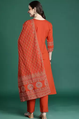 ethnic motifs printed  cotton kurta with trousers & dupatta