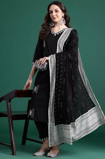 ethnic motifs embroidered thread work  cotton kurta with trousers & dupatta