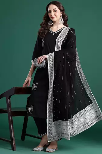 Ethnic Motifs Embroidered Thread Work Pure Cotton Kurta With Trousers & Dupatta