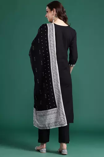 Ethnic Motifs Embroidered Thread Work Pure Cotton Kurta With Trousers & Dupatta