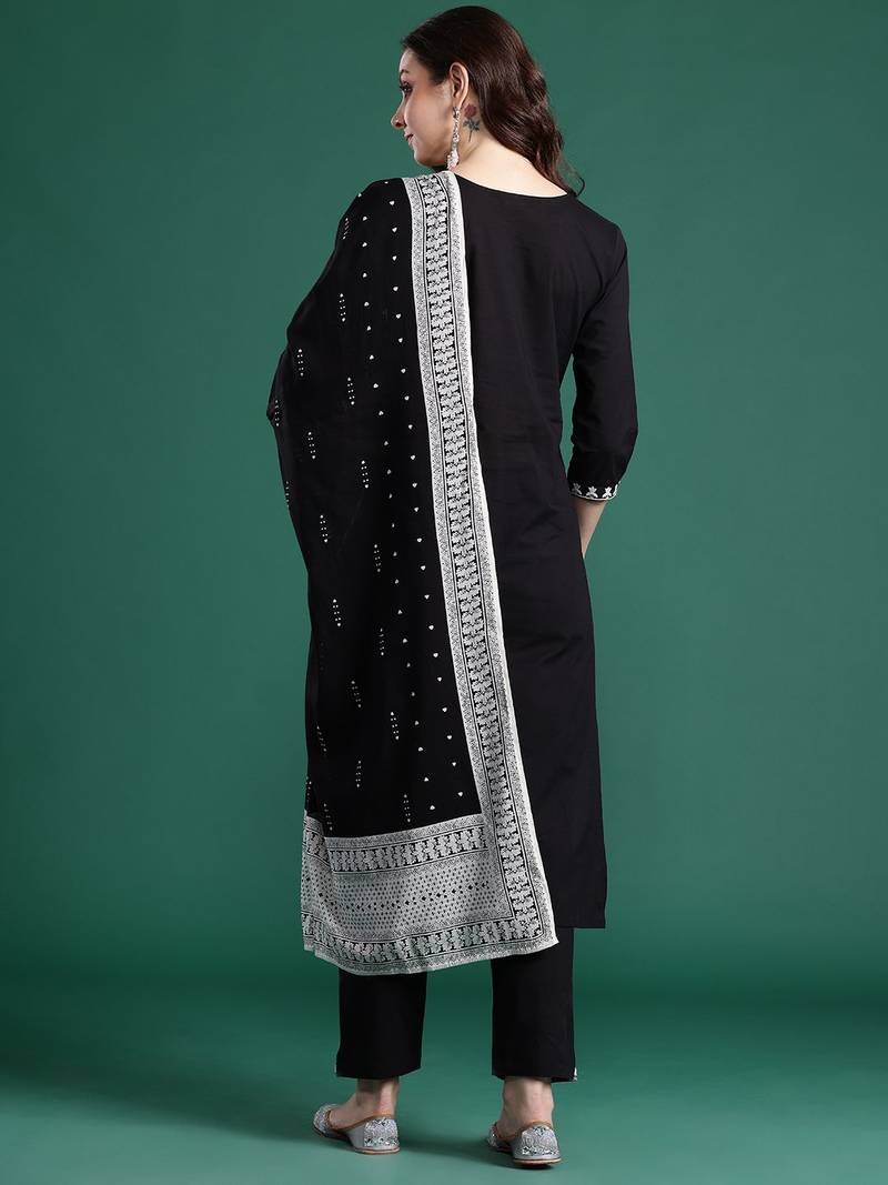 Ethnic Motifs Embroidered Thread Work Pure Cotton Kurta With Trousers & Dupatta