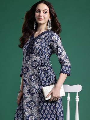 Floral Printed Angrakha Mirror Work Pure Cotton Kurta with Trousers 1