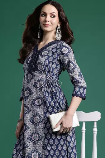 floral printed angrakha mirror work  cotton kurta with trousers