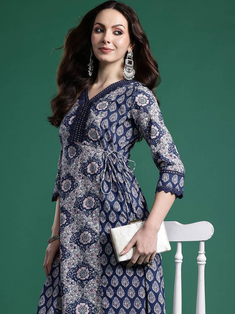 Floral Printed Angrakha Mirror Work Pure Cotton Kurta with Trousers