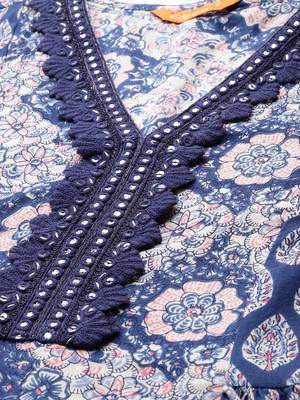Floral Printed Angrakha Mirror Work Pure Cotton Kurta with Trousers 2