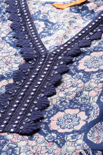 floral printed angrakha mirror work  cotton kurta with trousers