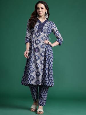Floral Printed Angrakha Mirror Work Pure Cotton Kurta with Trousers 4