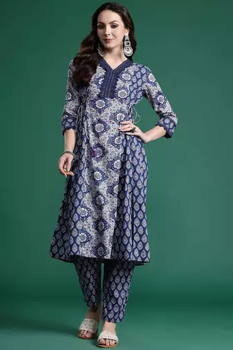 floral printed angrakha mirror work  cotton kurta with trousers