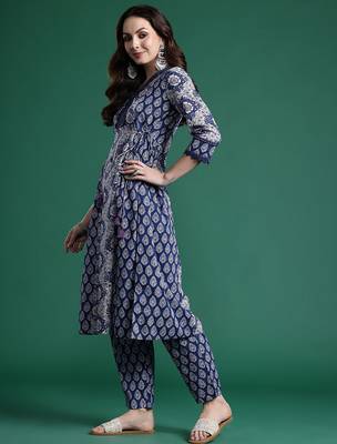 Floral Printed Angrakha Mirror Work Pure Cotton Kurta with Trousers 5